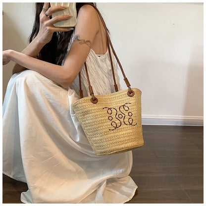Summer New Vacation Woven Straw Bag, High Quality Seaside Beach Bag for Women, Women's Beach Bags Bucket Bag