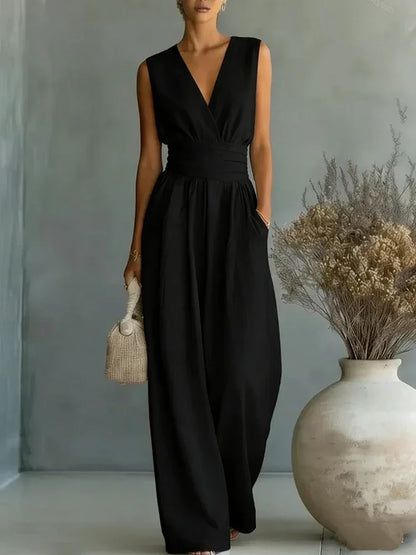 Women Elegant Linen V Neck Short Sleeve Jumpsuit Waist Cinched Wide Leg Long Pants Rompers with Pockets Casual Ladies Overalls