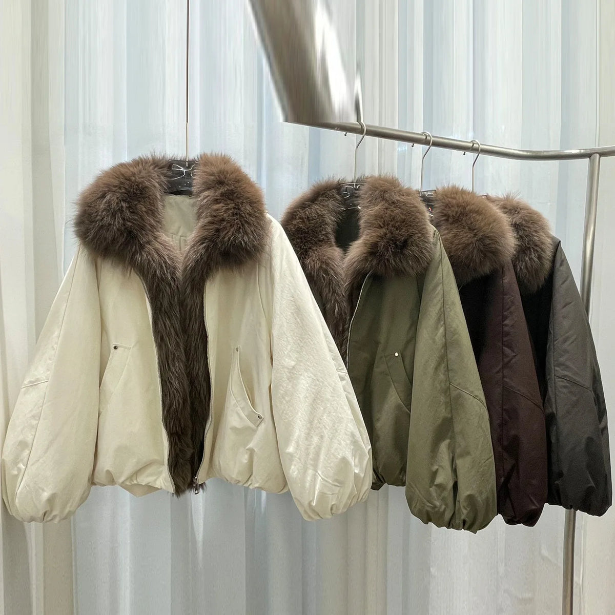 Women Winter Fox Fur Collar Short Puffer Jacket White Duck Down Thick Warm Loose Fit Parka Luxury Fashion Casual Outerwear Coat