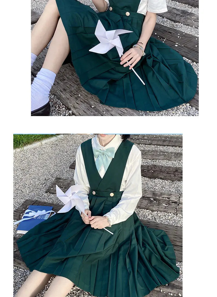 Japanese Korean Class High School Student Girl Long Pinafore Pleated Dress  JK Uniform Cosplay Seifuku Schoolgirl Sundress