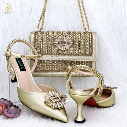 QSGFC High Quality Women's Pumps And Bag Silver Color Full Of Rhinestones High-Grade Materials For Nigerian Wedding Party