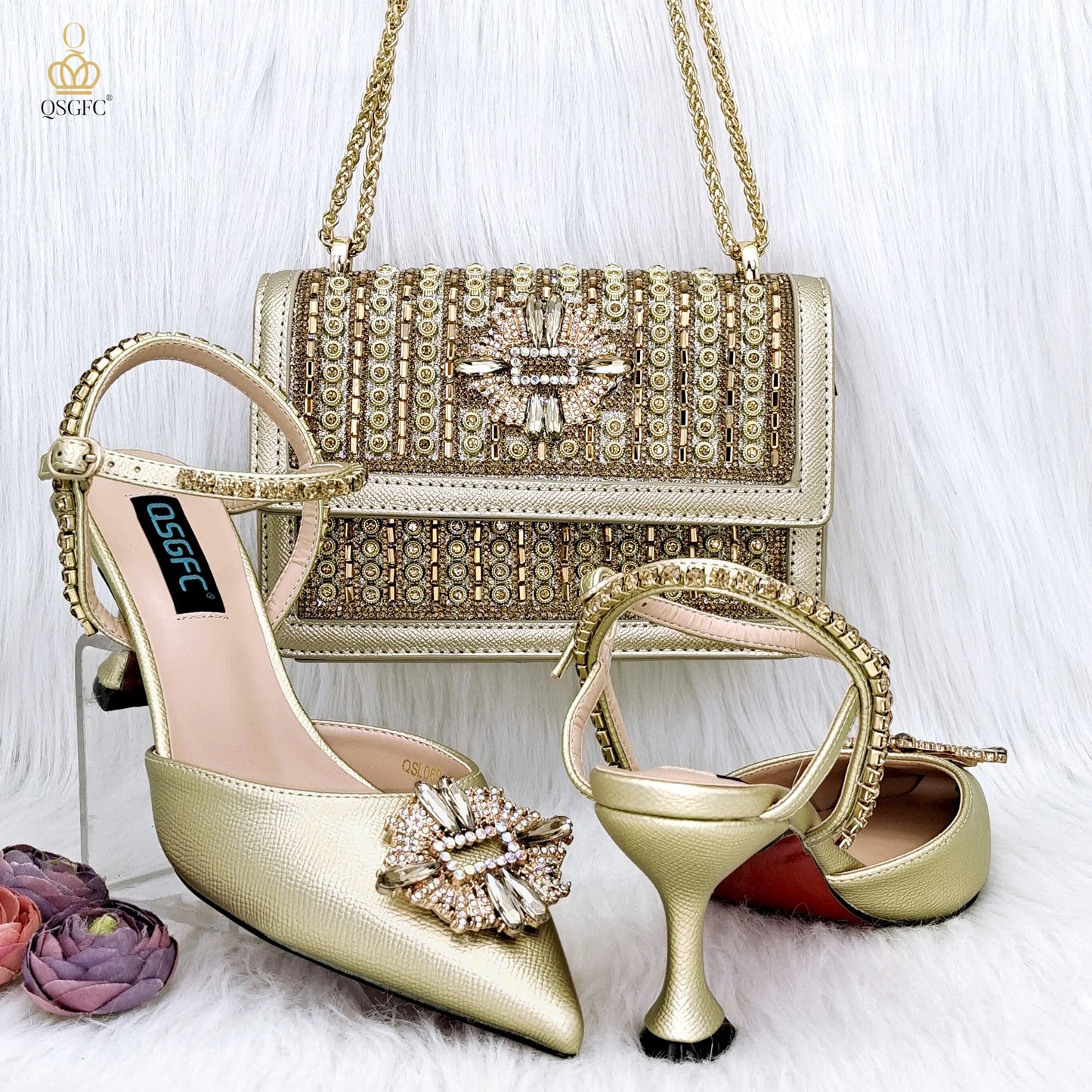 QSGFC High Quality Women's Pumps And Bag Silver Color Full Of Rhinestones High-Grade Materials For Nigerian Wedding Party