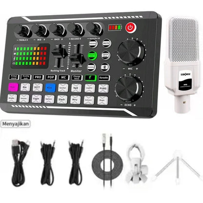 F998 Live Streaming Sound Card Kit Rechargeable Condenser Microphone With Stand Bluetooth Mixer For Streaming Recording