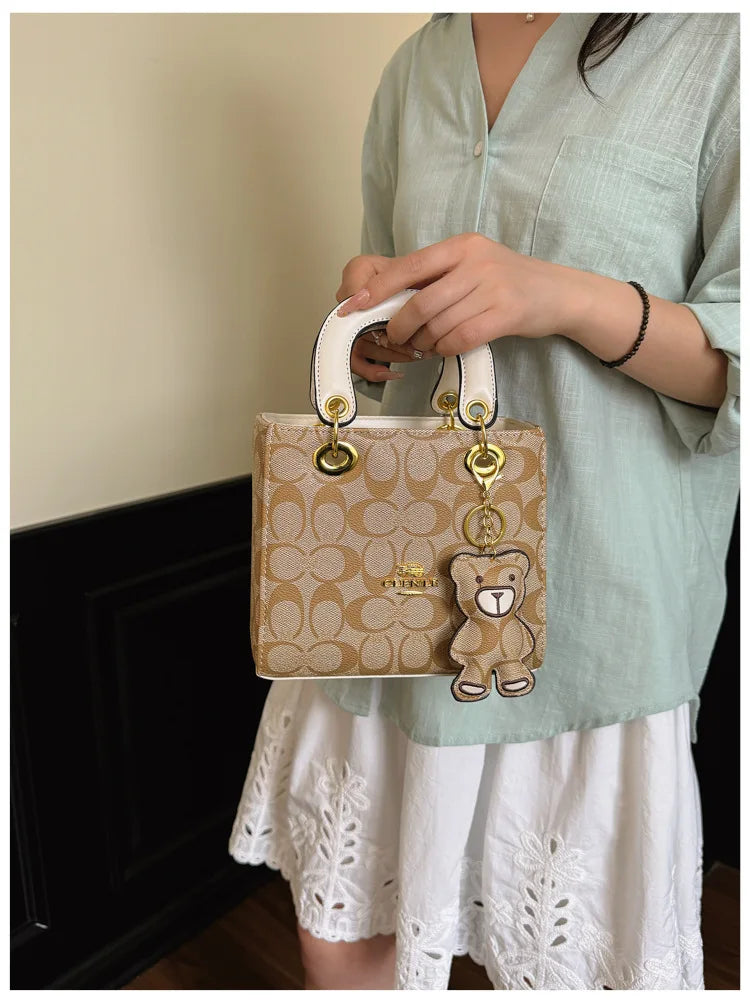 Luxury Women Bag 2026 New Vintage Classic Monogram Handbag Fashion Designer Ladies Tote Crossbody Bag with Bear Charm