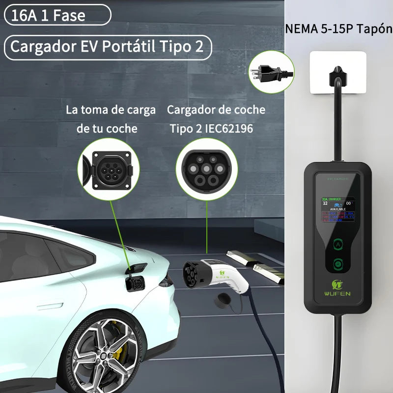 WUFEN Portable Type 2 Charger 110V US NEMA 5-15P Plug Max 3.5kw Type2 EV Charger 16A 1Phase Charging Plug For IEC 62196 Vehicle