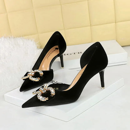 BIGTREE Party Pumps 7cm Thin High Heels Western Style Velvet Shallow Pointed Toe Side Hollow Crystal Pearl Bow Lady Shoes Pink