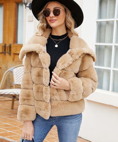 2026 Autumn Winter Turndown Collar Faux Fur Coat Women Casual Long Sleeve Fluffy Plush Jacket Khaki Thick Fake Fur Warm Cardigan