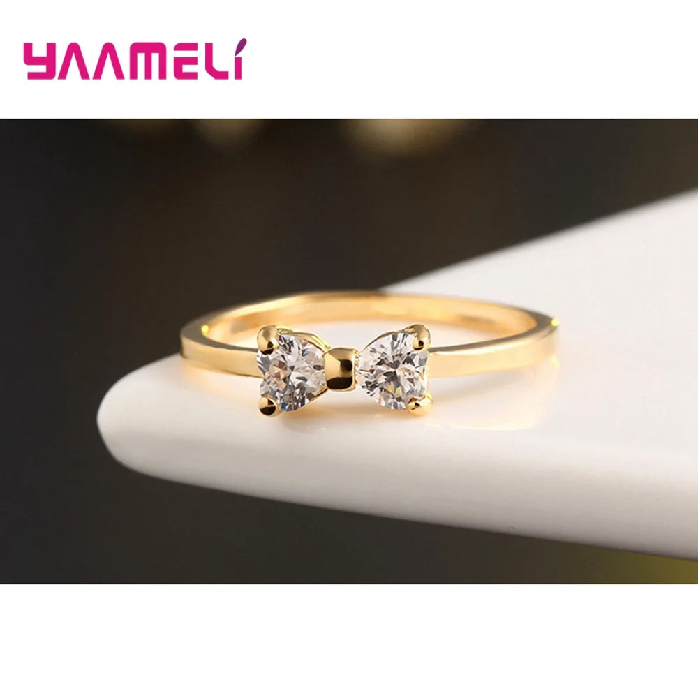 Luxury Austria Crystal Fashion 925 Sterling Silver Gold Color Bow Rings For Women Wedding Engagement Cubic Zirconia Jewelry