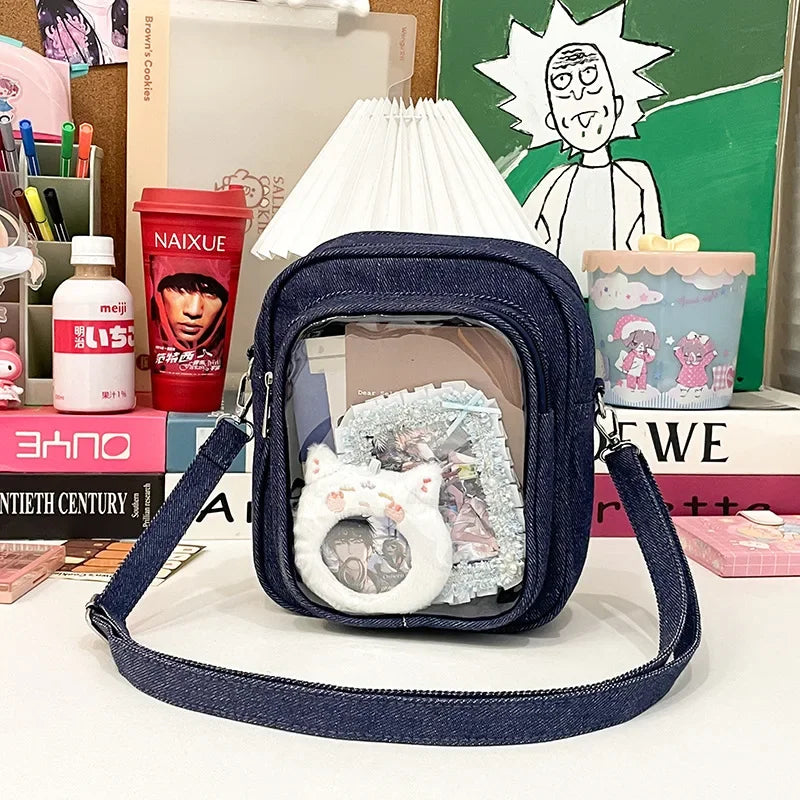 New Denim Ulzzang Ita Bags Female Transparent Badge Doll Show Crossbody Shoulder Bag Individuality Designer 2 Sides Bolso Mujer