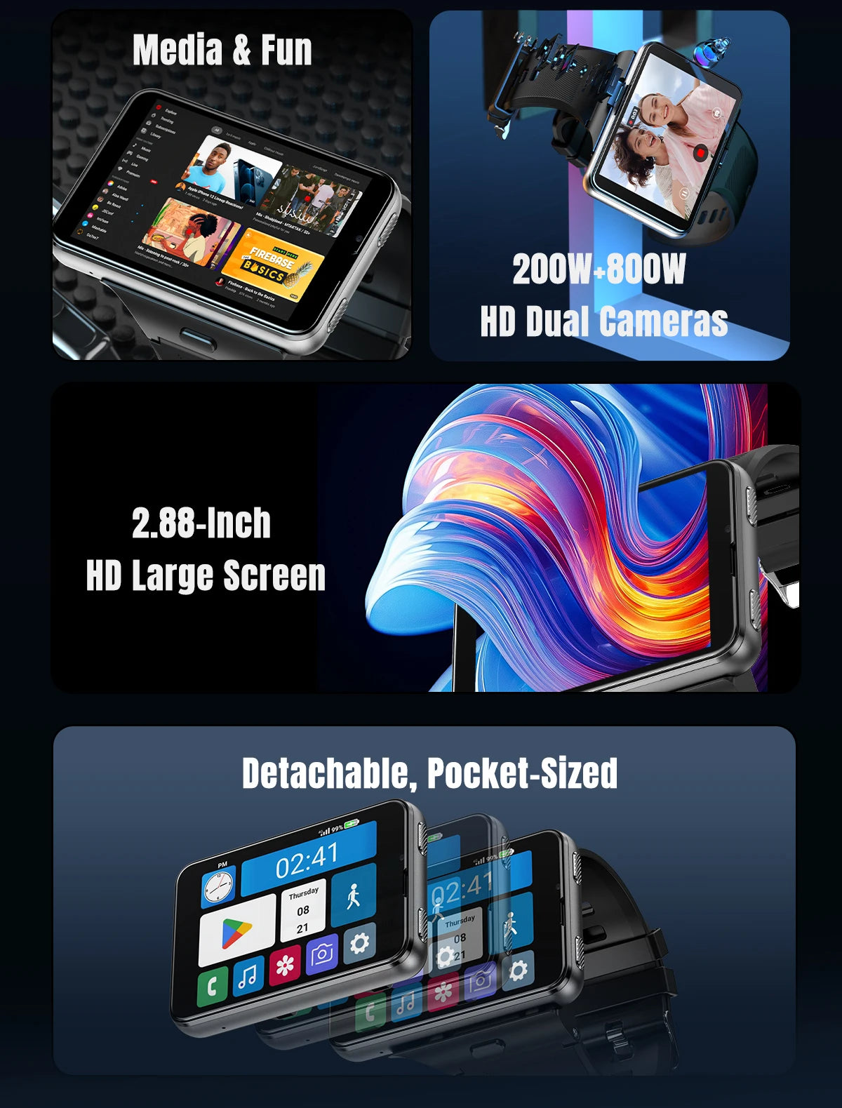 Factory S999 4G LTE Smart Watch 4GB RAM 64GB ROM 2.88" Big Screen Dual Camera Quad Core 2300mAh Android 11.0 Men Smartwatch Men