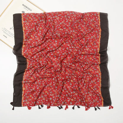 2025 Japanese Boho Linen Scarf: Vintage Floral Print Patchwork Shawl - Sun Protection Fringe Wrap Women