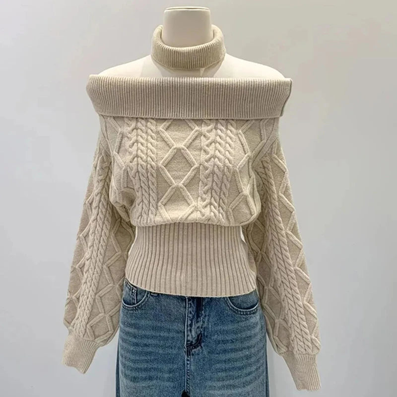 Sexy Off Shoulder Knit Sweater Women Cable Striped Slim Y2K Pullover Fashion Casual Preppy Style Long Sleeve Spring Fall Top