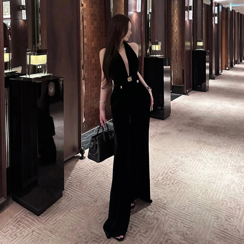 Vintage Luxury High-end Black Jumpsuits Metal Button Slim Sexy V-neck Hang Neck One-piece Pants Women Party Dresses Backless New