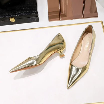 Women Comfortable 3.5cm High Heels Shallow Pointed Toe Work Pumps Lady Glossy Leather Low Heels 2024 Luxury Brand Designer Shoes