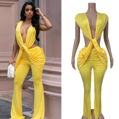 HLJ Sexy Solid Color Bodycon Jumpsuits Women Halter Deep V Neck High Waist Ruched Flare Rompers Party Club Streetwear Overalls