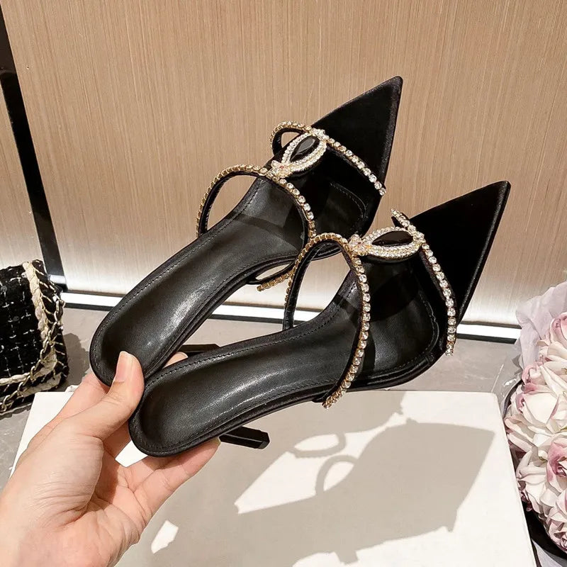 Luxury Rhinestones Gem Narrow band Women Slipper Sandals Elegant Pointed toe Thin High heels Mules Slides Fashion Party Shoes