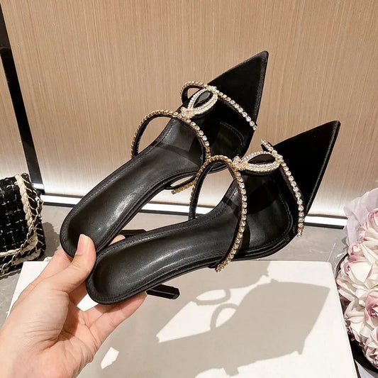 Luxury Rhinestones Gem Narrow band Women Slipper Sandals Elegant Pointed toe Thin High heels Mules Slides Fashion Party Shoes