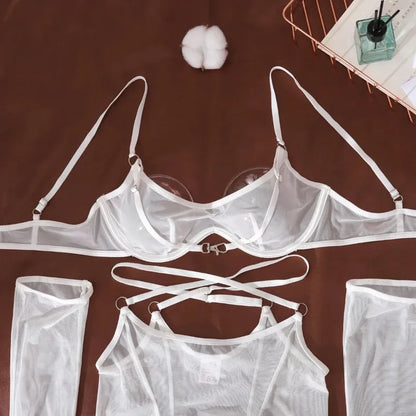 Solid Women's Lingerie Sets Seductive See Through Bra Belt Thong 3PC with glovs stockings Sissy Sexy Women's Underwear