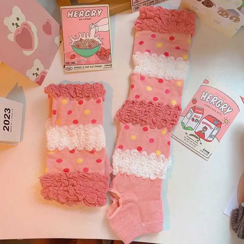 Pink Lolita Lace Bowknot Gloves Fingerless Gothic Winter Warm Sunscreen Sleeve False Sleeve Gloves Women JK Clothing Accessories