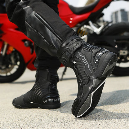 YUYIN Men Motorbike Riding Shoes Motorcycle Boots Racing Protective High Top Breathable Anti Slip Side Zipper TPU Rubber Sole