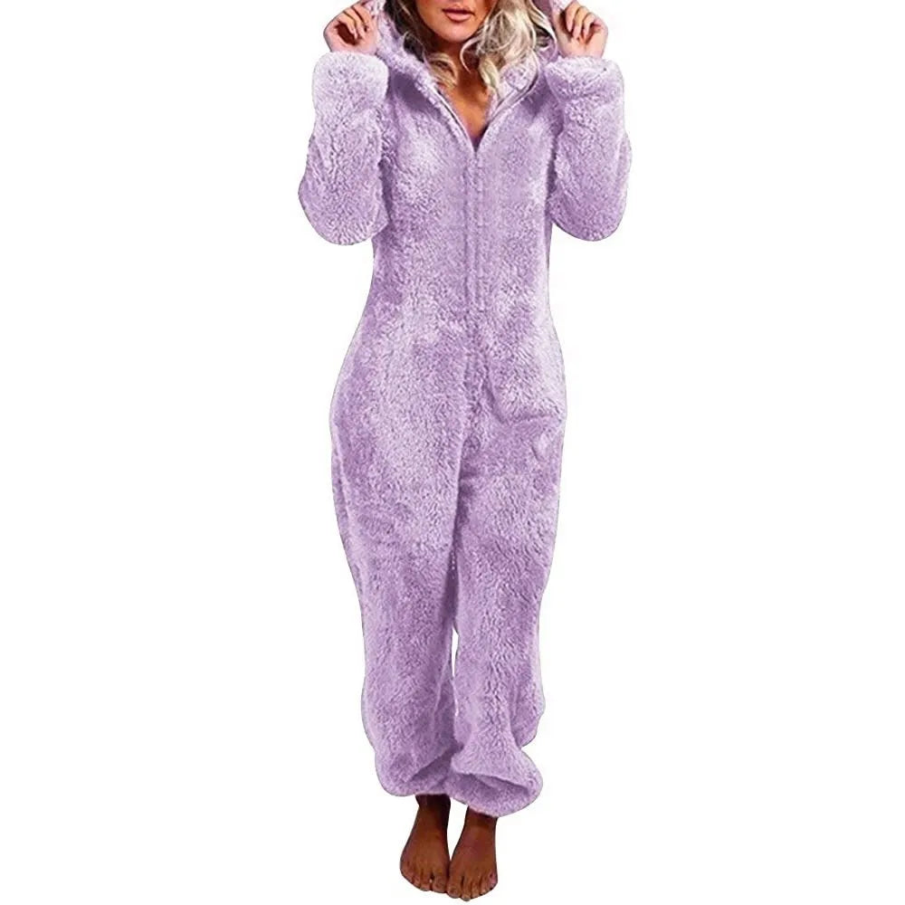 Casual Cute Women's Thick Warm Furry Jumpsuit One-Piece Solid color Hooded Pants Set Home Wear Comfortable Jumpsuits Overall