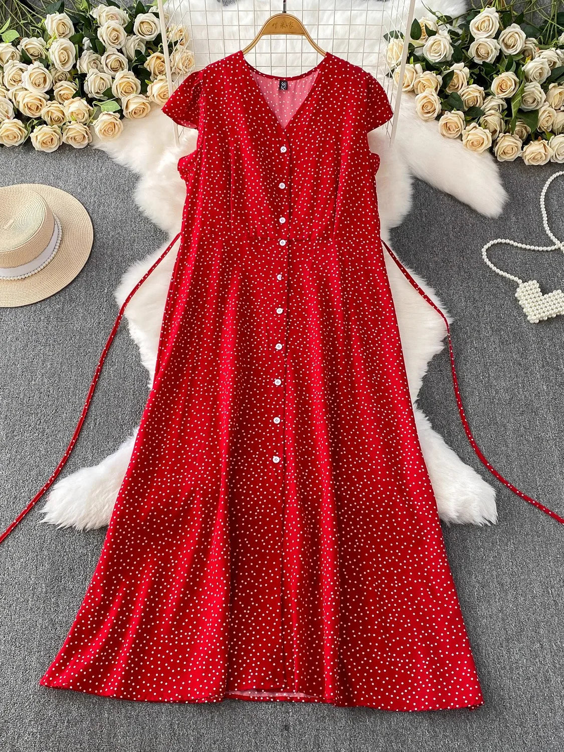 Summer Women Polka Dot Long Dress Vintage V-Neck Flying Sleeve High Waist Single Breasted A-Line Casual Vestidos Female Robe New