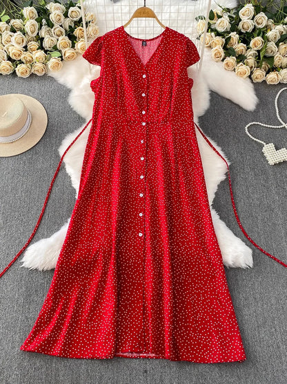 Summer Women Polka Dot Long Dress Vintage V-Neck Flying Sleeve High Waist Single Breasted A-Line Casual Vestidos Female Robe New