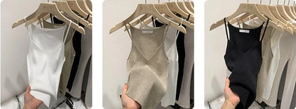 2026 Women Summer Style Sleeveless Vest Solid Color Slim Fit V Neck Knitted Top Fashionable Versatile Base Layer Knit Tank Tops