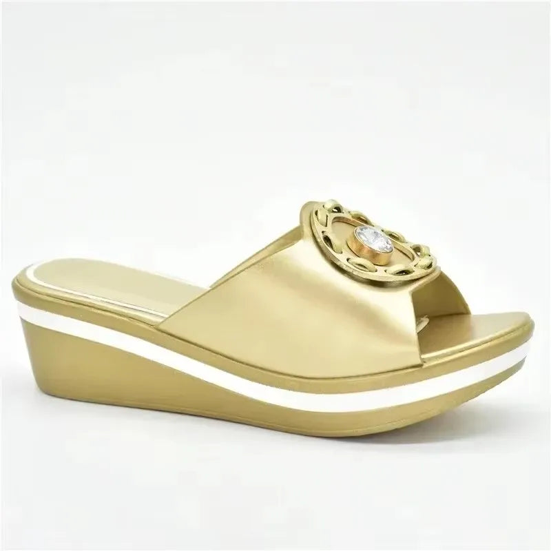 Latest Design African Party Shoes Decorated with Metal Wedding Shoes for Women Bride Wedges Shoes for Women Luxury Shoes