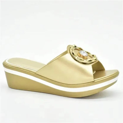 Latest Design African Party Shoes Decorated with Metal Wedding Shoes for Women Bride Wedges Shoes for Women Luxury Shoes