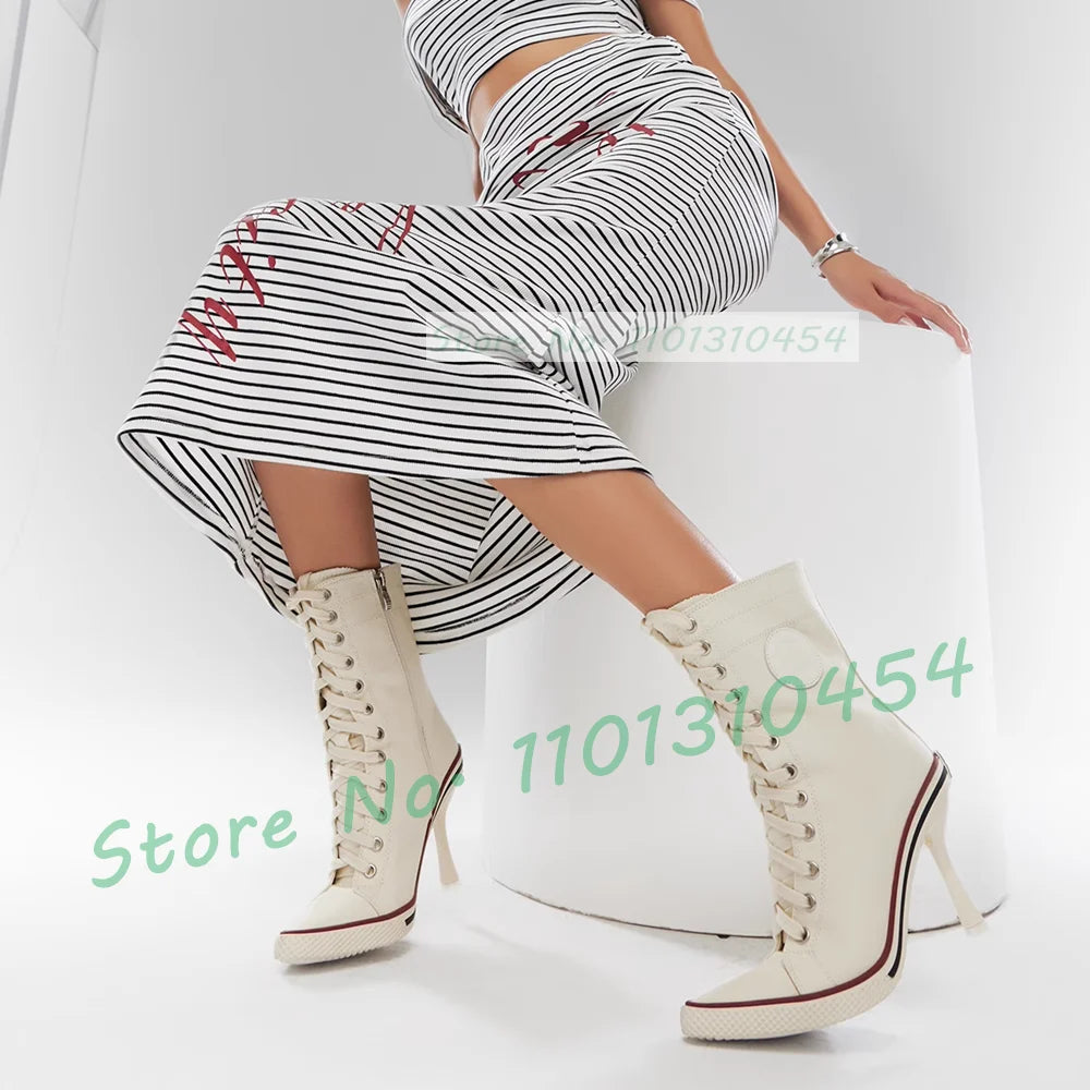 White High Heel Canvas Ankle Boots Women Front Cross-tied Pointy Toe Shoes Side Zipper Sexy Girls Sporty Casual High Top Booties