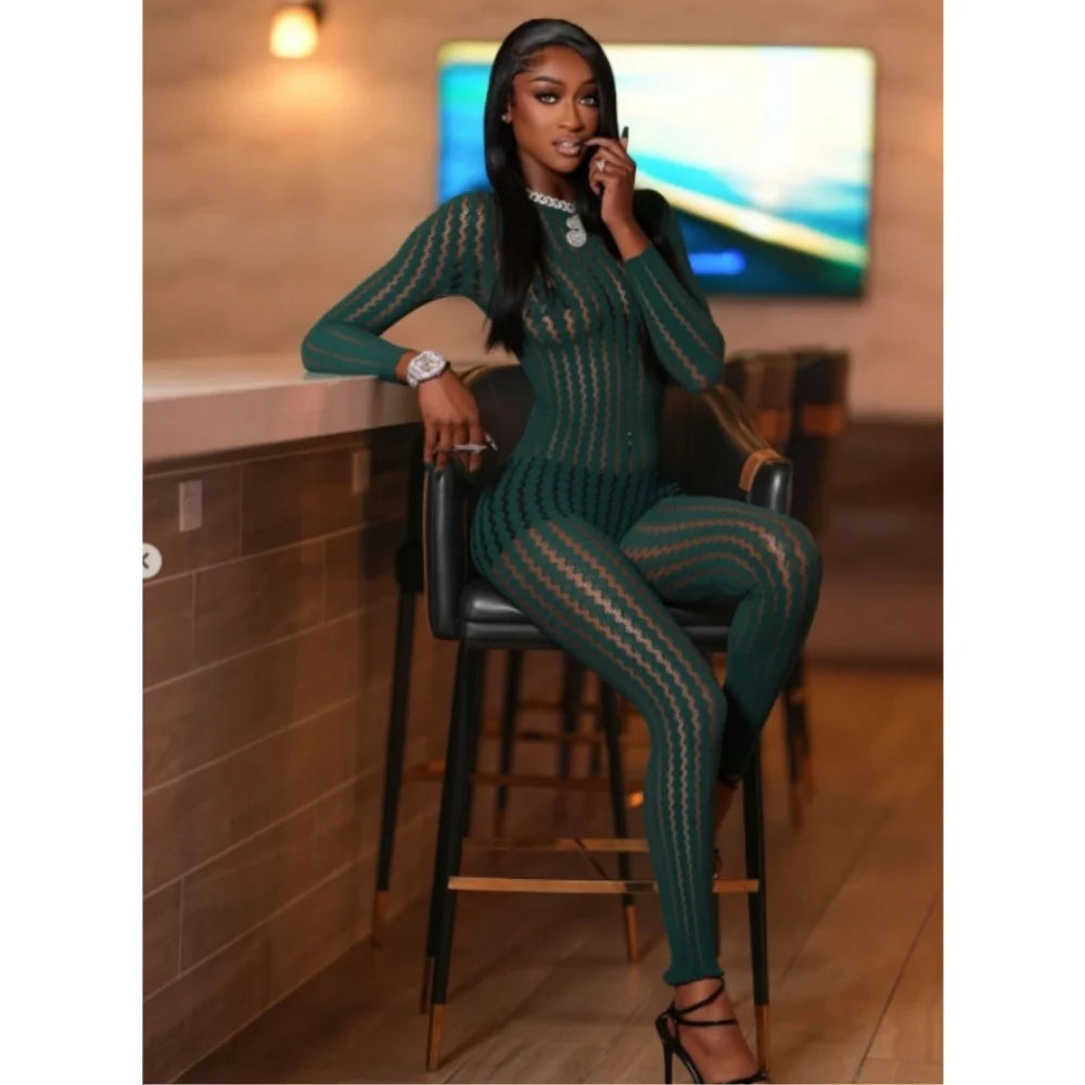 FAGADOER Women Sexy Mesh Lace Jumpsuits Fashion Long Sleeves Round Neck Vertical Striped Sheer Bodycon Rompers Summer Playsuits