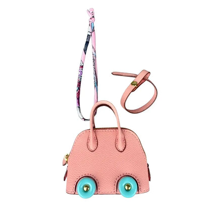 Leather Mini Bag Charm With Cute Wheels - Earphones & Lipstick Pouch with Dual Straps-PU Leather-Ideal For Bag Accessory