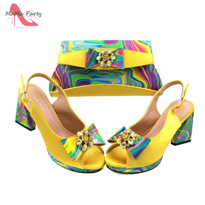 2024 New Design Italian Women Shoes and Bag to Match in Super High Heels in Yellow African Ladies Sandals for Wedding Party