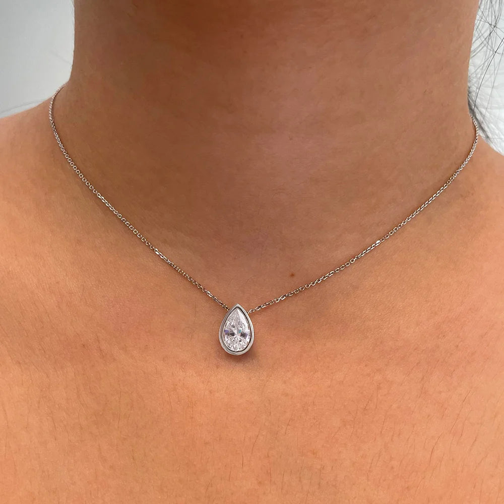 FEOBUR 1-4CT Bezel Pear Cut Moissanite Necklaces for Women Real S925 Silver WaterDrop Diamond Pendant Neckchain Jewelry Gifts