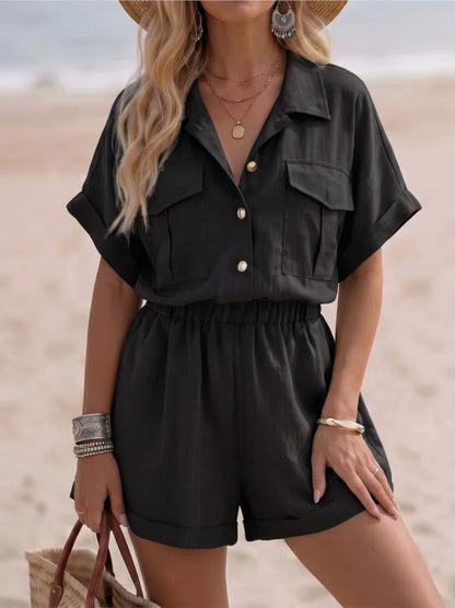 Summer New Casual Lapel Short-sleeved Jumpsuit Women's Fashion Pocket Wide-leg Shorts Female Sports Resort Rompers Shorts 2026