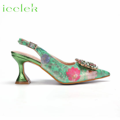 Newest Green Color Print Design High Heels Decorated with Water Rhinestone Party Women's Shoes and Bags Set