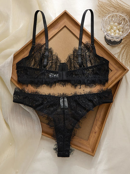 Ladies' Basic Style Thin Lace Bra And Panty Set Seamless Single Layer Eyelet Underwear Comfortable Intimate Apparel