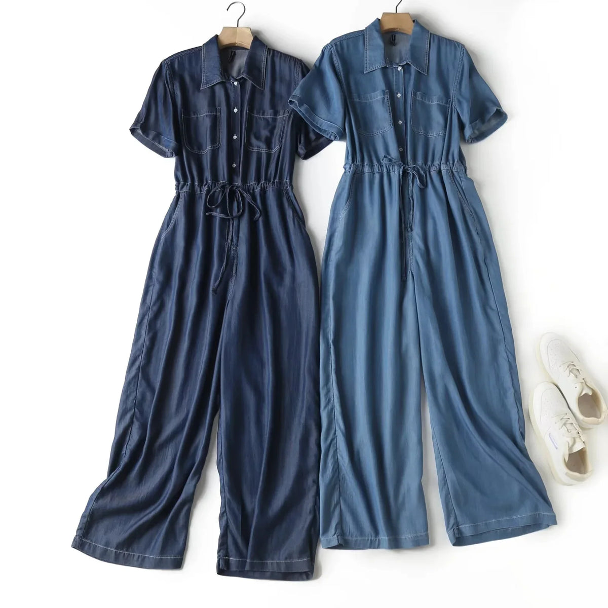 Jumpsuits Women Denim One Piece Turn Down Collar Short Sleeve Loose Casual Wide Leg Long Pants Overalls Tight Waist Rompers
