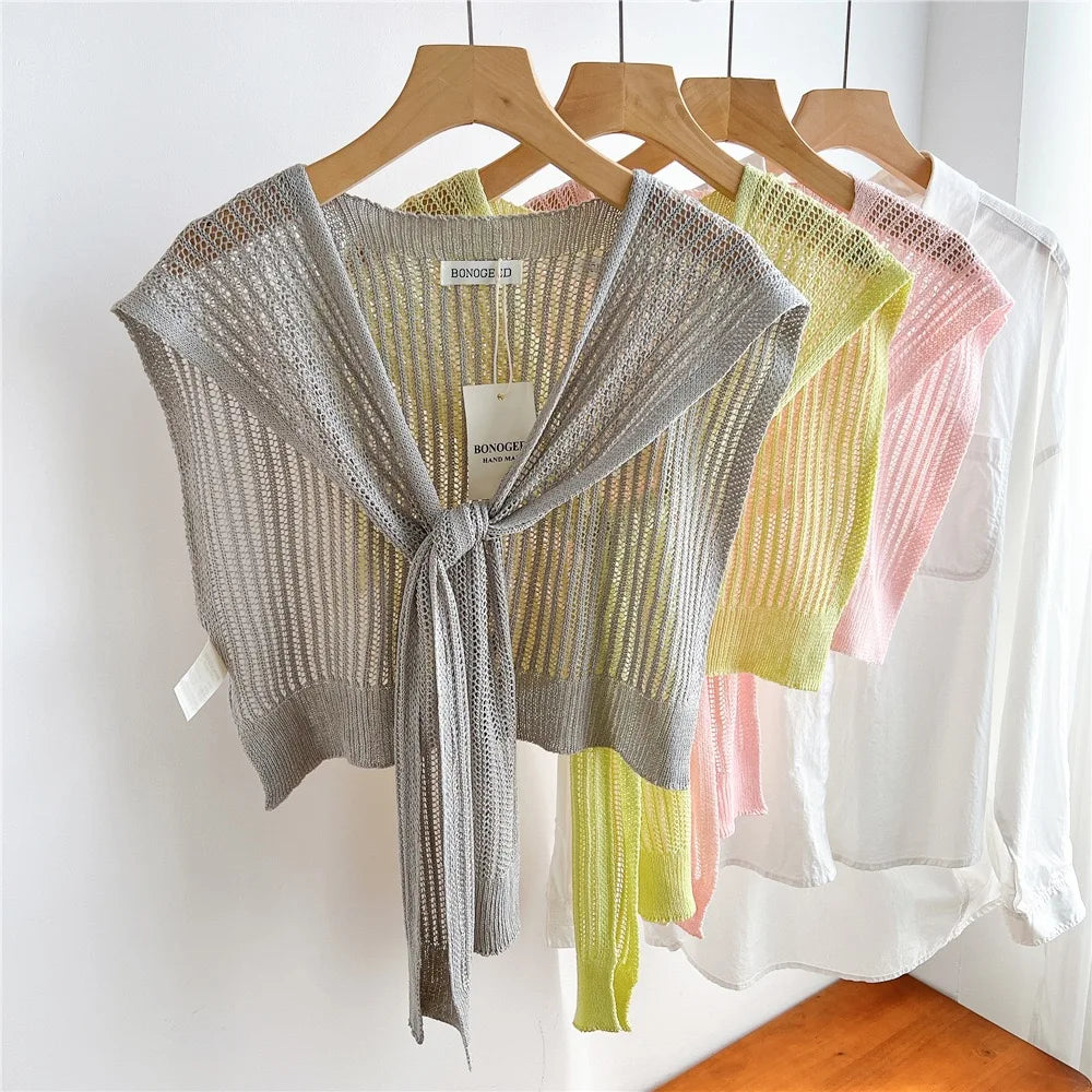 Women Plain Solid Lace Hollow Out Shawls Summer Air Conditioning Fake Collar Neck Guard Knit Thin Knotted Cape Shoulder Scarves