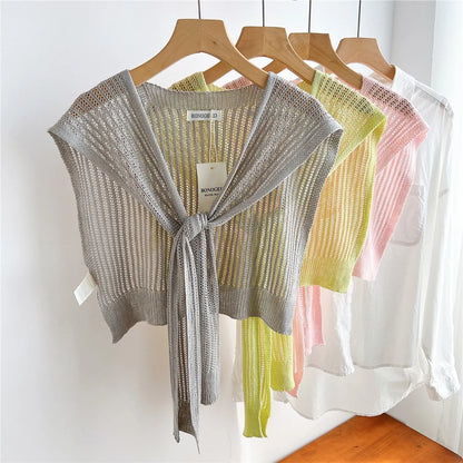 Women Plain Solid Lace Hollow Out Shawls Summer Air Conditioning Fake Collar Neck Guard Knit Thin Knotted Cape Shoulder Scarves