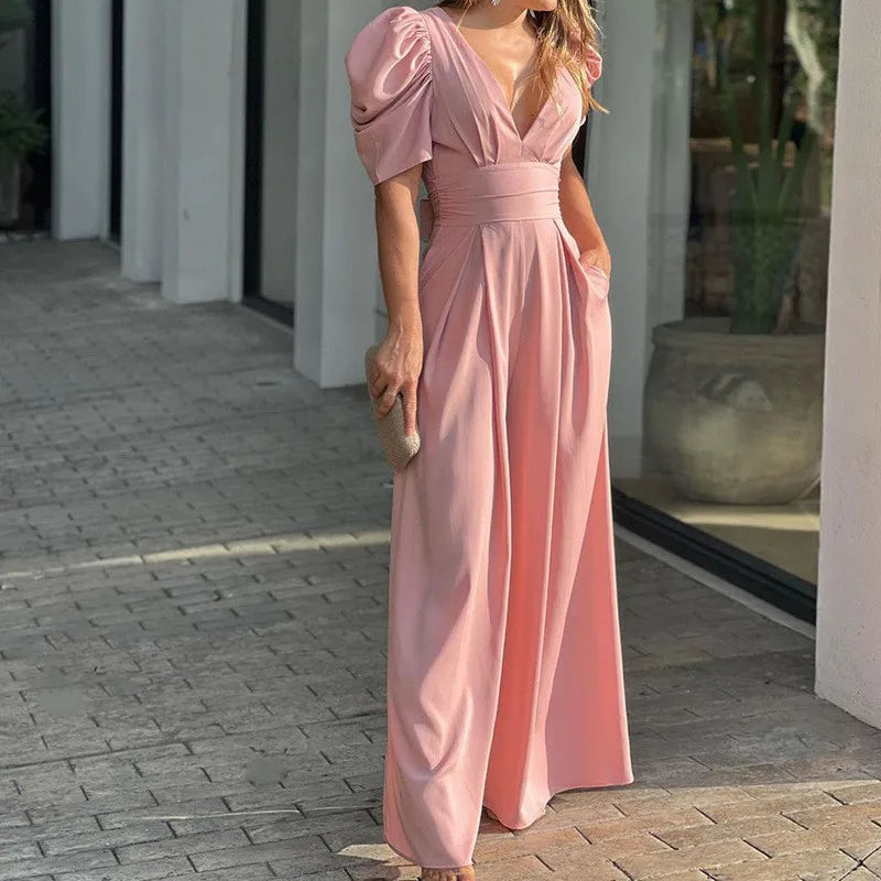 Summer Women's Slim Short Puff Sleeve V-neck Wide Leg Long Jumpsuit Elegant High Waist Ruched  Pocketed Solid color jumpsuits
