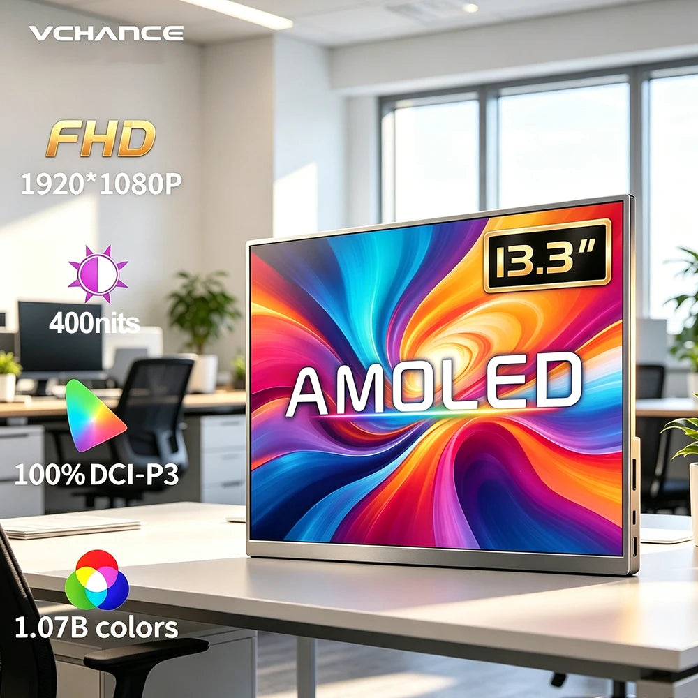 13.3'' AMOLED Portable Monitor OLED Screen 100%DCI-P3 One Cable USB-C Travelling Display On The Go for Office Laptop Mac Windows
