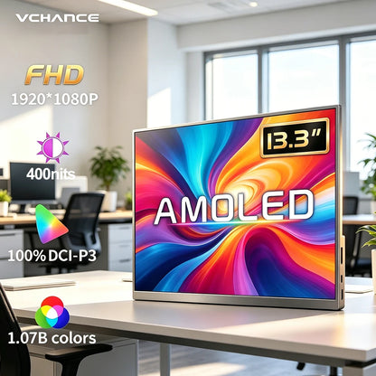 13.3'' AMOLED Portable Monitor OLED Screen 100%DCI-P3 One Cable USB-C Travelling Display On The Go for Office Laptop Mac Windows