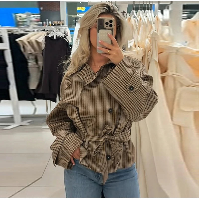 Plaid Short Trench Coat Women Lapel Collar Double Breasted Belted Waist Long Sleeve Loose Jacket 2026 Autumn Casual Chic Coats
