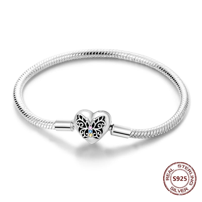 Silver 925 Bracelet Original Bracelets Colorful Zircon Heart Flower Cat Snake Chain For DIY Charms 17-20CM Luxury Jewelry Gifts