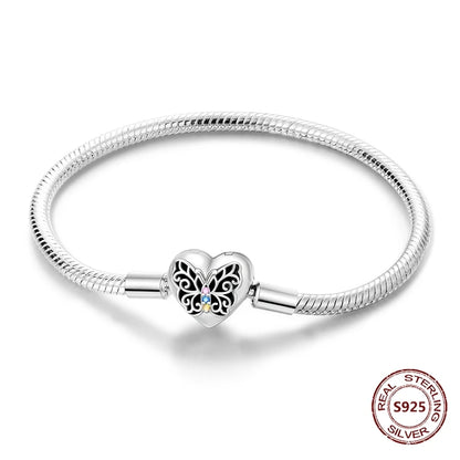 Silver 925 Bracelet Original Bracelets Colorful Zircon Heart Flower Cat Snake Chain For DIY Charms 17-20CM Luxury Jewelry Gifts