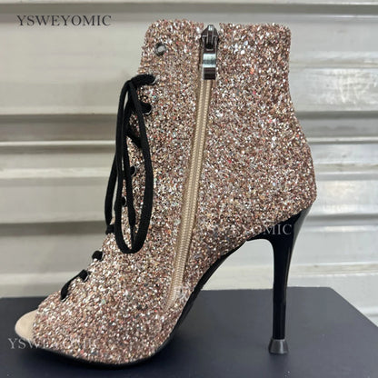 Dance Heels Champagne Black Sparkly Glitter Rubber Sole 10cm Professional High Heel Dance Shoes Salsa Women Dance Party Shoes
