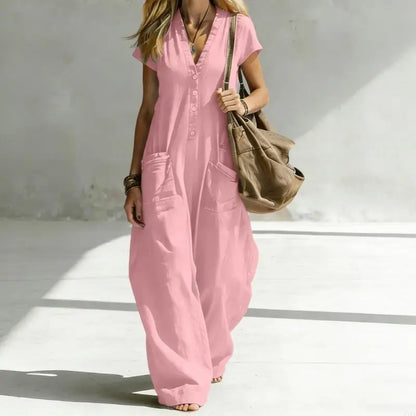 Jumpsuits for Women Linen Button Short Sleeve Jumpsuits Wide Leg V Neck Rompers Vacation Clothes with Pockets 6XDA