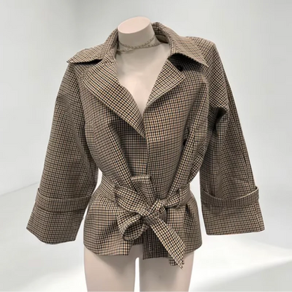 Plaid Short Trench Coat Women Lapel Collar Double Breasted Belted Waist Long Sleeve Loose Jacket 2026 Autumn Casual Chic Coats